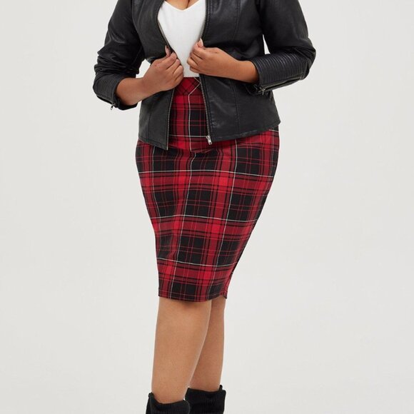 NWT Torrid Sz 2 Midi Studio Luxe Ponte Pencil Skirt Red Plaid - Picture 1 of 3